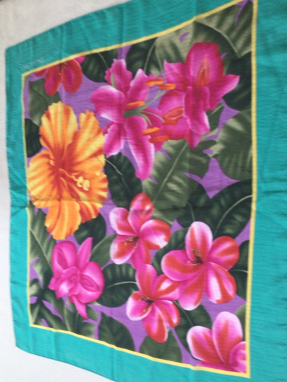 Tropical Floral Square Scarf in Teal and Pink